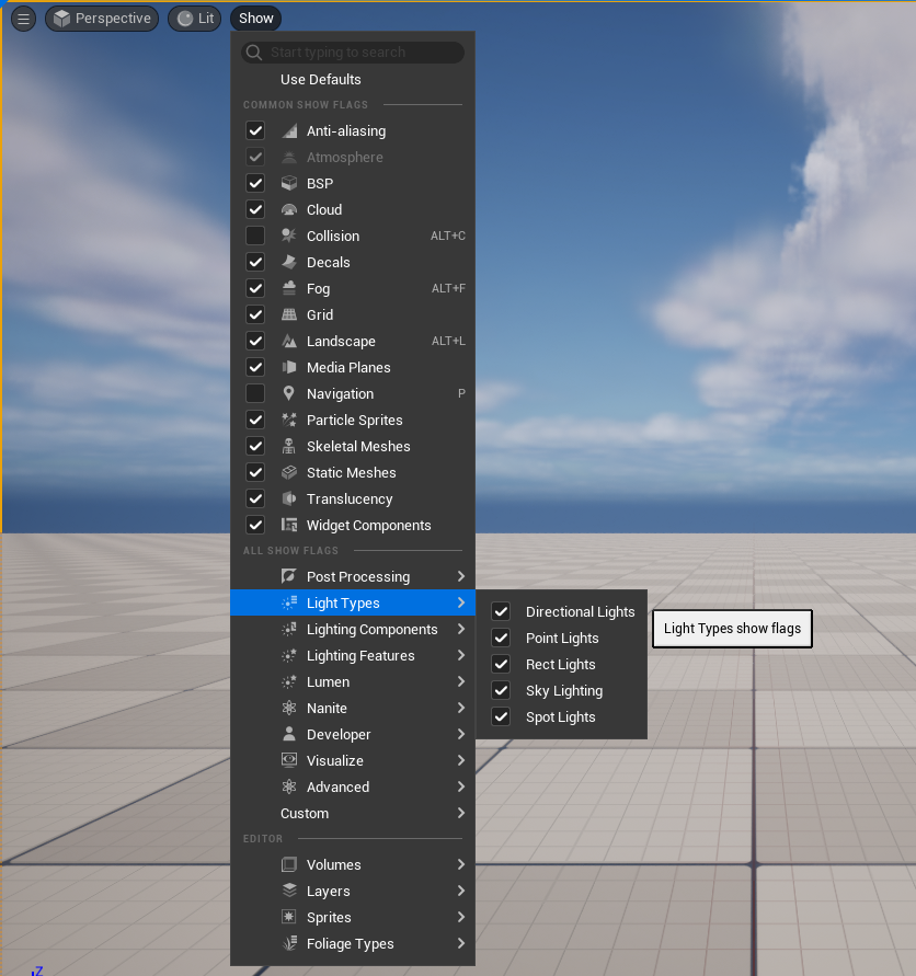 Show flags menu in the unreal editor viewport